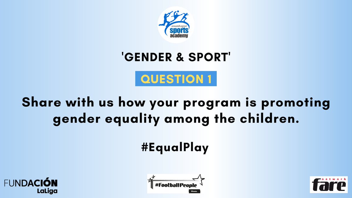 ASA_RDT's tweet photo. We welcome you all to the 1st session of ‘Gender &amp; Sport’ Tweet Chat, as we celebrate #FootballPeople Weeks along with @farenet and @fundacionlaliga, with a goal to promote gender equality through #Sport.
 
#EqualPlay

Here is Question 1: https://t.co/6XNzKdZuYa