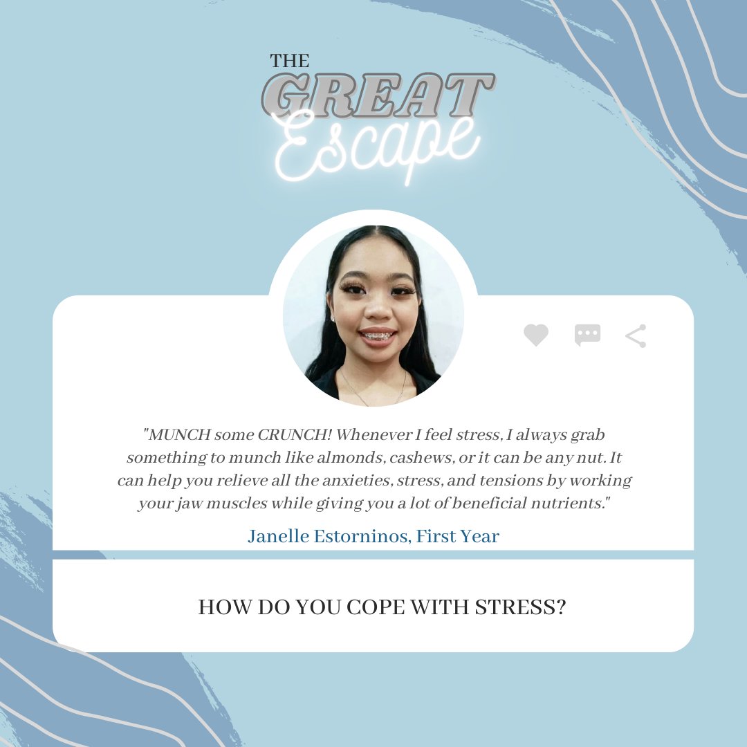 ssc_psychsoc's tweet photo. How do you cope with stress?
We asked our fellow Psych Kulasas on how they cope with stress, especially in these times. We also provided some tips as well, or maybe come up with your own!
Check out the responses below!
#SSCPsychSoc
#SSCWorldMentalHealthDay2020 https://t.co/G5DCF91BTZ