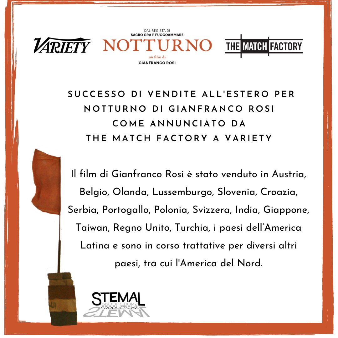 Stemal_Product's tweet image. Successo di vendite all&apos;estero per #Notturno di #GianfrancoRosi, come annunciato dal venditore internazionale @TheMatchFactory a @Variety. 
All’indomani della presentazione oltreoceano il #film è venduto in numerosi paesi del mondo. 
#StemalProductions🎞️