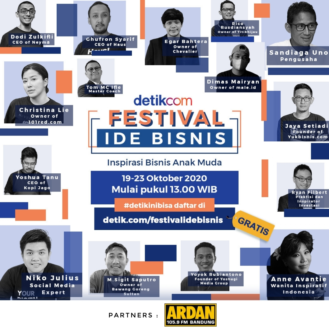 Buat Insan Muda yang mau mencari inspirasi bisnis, yuk join Festival Ide Bisnis <a href="/detikcom/">detikcom</a>! Workshop bisnis virtual yang akan membahas ide-ide bisnis dari berbagai sektor bisnis.

Jadi jangan sampai kelewatan, daftar sekarang di detik.com/festivalidebis…

#festivalidebisnis