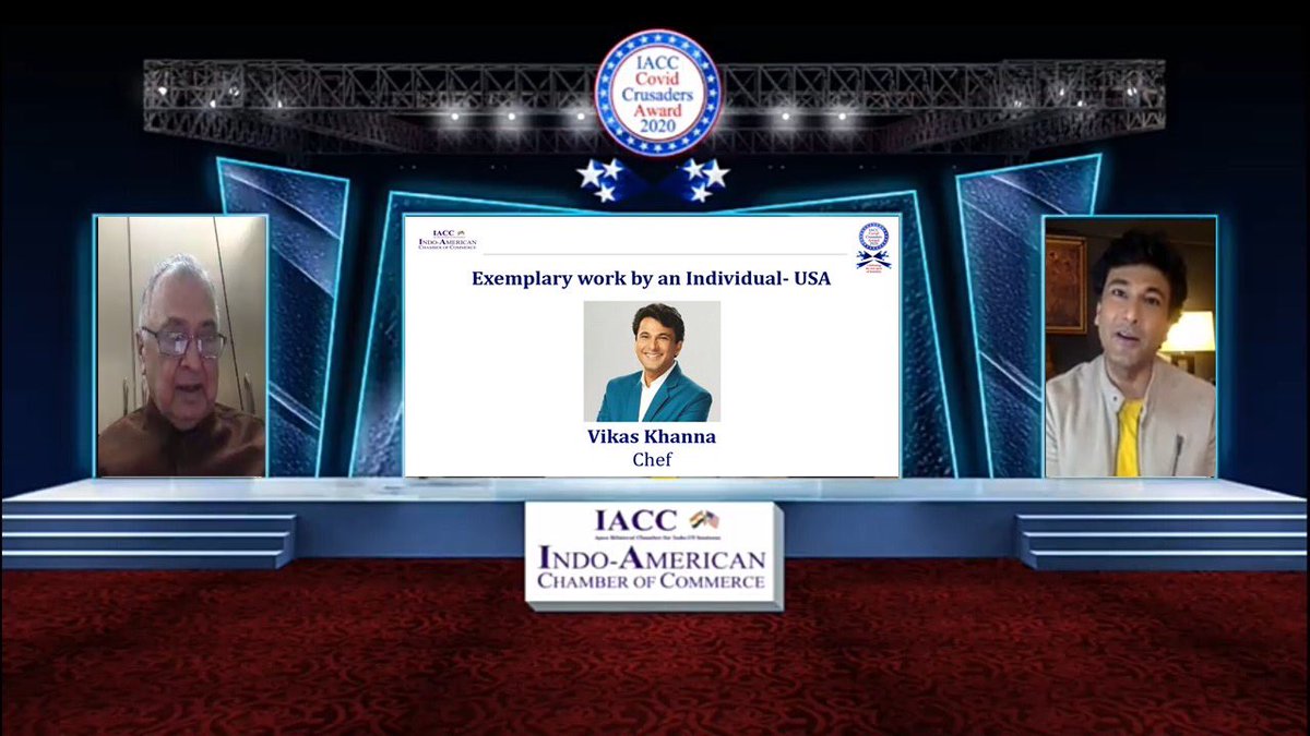The winner of Exemplary Work done by an Individual- USA is Chef Vikas Khanna. Award being presented by Mr. Nanik Rupani. #CovidCrusadersAward2020

#IACC #Philanthropists #IndoUS #ChefVikasKhanna