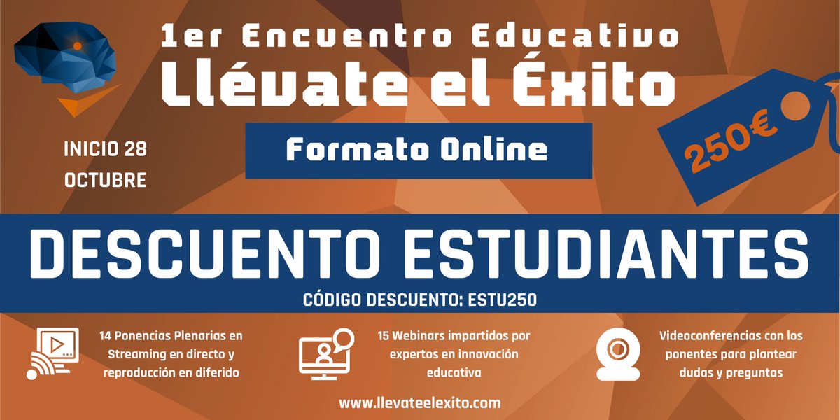 🧑‍🎓 Aquí está el Descuento a Estudiantes para el Formato Online del 1er Encuentro Educativo: <a href="/llevateelexito_/">1er Encuentro Educativo: Llévate el Éxito</a> 

📆 Por solo 250€ participarás en el mayor evento sobre #InnovaciónEducativa desde el 28/10 hasta Abril 21

📝 Inscríbete en la Web: llevateelexito.com/descuento-estu…

#Educación