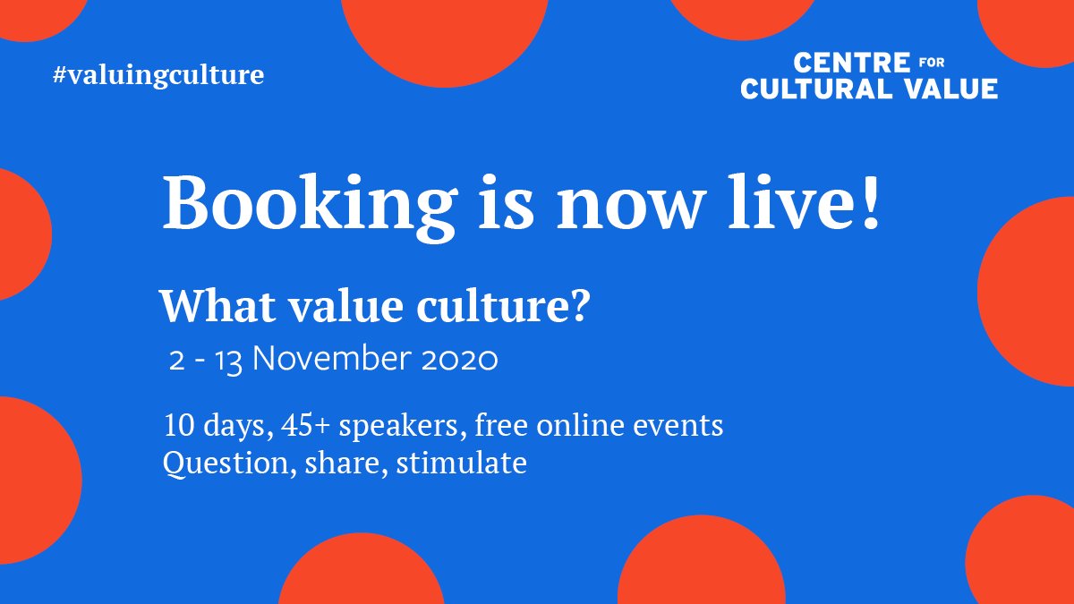 Arts and Humanities Research Council (@ahrcpress) on Twitter photo What value does culture have to society? Take part in 10 days of free events hosted online by <a href="/valuingculture/">Centre for Cultural Value</a>. Workshops & discussions with sector leaders, cultural conversationalists, researchers & more. Join the conversation 2-13 Nov #ValuingCulture
orlo.uk/hzgQF What value does culture have to society? Take part in 10 days of free events hosted online by <a href="/valuingculture/">Centre for Cultural Value</a>. Workshops & discussions with sector leaders, cultural conversationalists, researchers & more. Join the conversation 2-13 Nov #ValuingCulture
orlo.uk/hzgQF