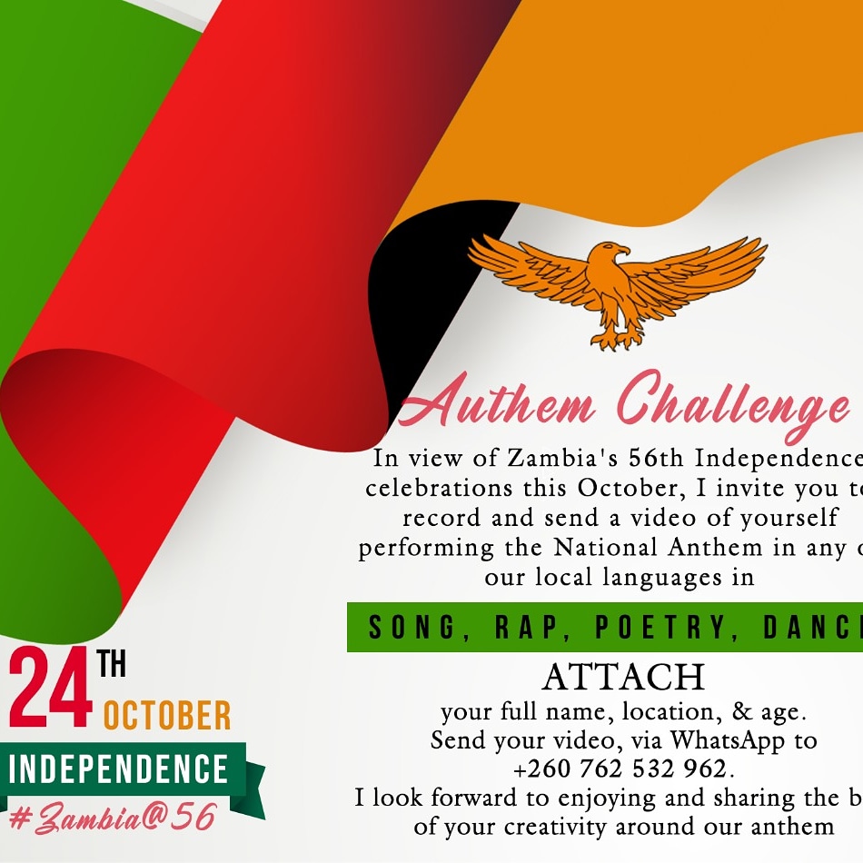 EdgarCLungu's tweet photo. You don't need to have that great voice to share your video with me. Remember you have the following options:

- Song

- Rap

- Poetry

- Dance

God bless Zambia!

#AnthemChallenge #OneZambiaOneNation #56thIndependence #BuildingZambiaTogether https://t.co/RseTYCH2ij