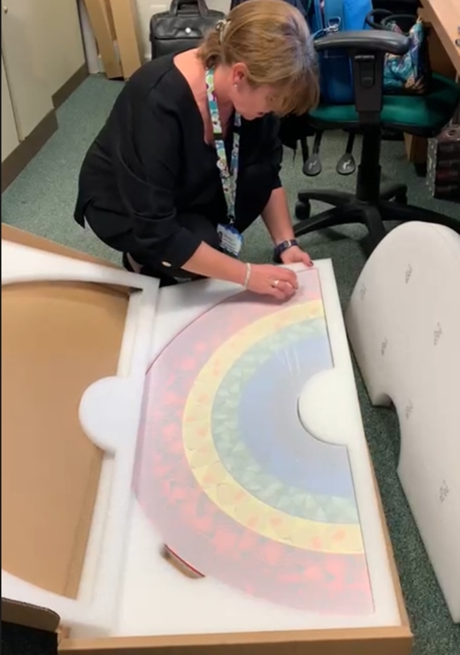 Thanks to @hirst_official @HENIGroup for our beautiful #ButterflyRainbow artwork @FrimleyHealth hospital for patients & staff
Making our Arts Manager smile-now working on its exhibition🌈

@CHWAlliance
@NPAGUK
@NHSCharities 
#HospitalArts
#ArtsHealthWellbeing
#damienhirst