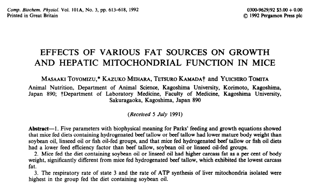 From 1992 in Japan.Beef tallow fed mice weighed a bit less and had less body fat than soybean oil, linseed oil, and fish oil.Hydrogenated tallow fat even more so. Possibly an essential fatty acid deficiency?