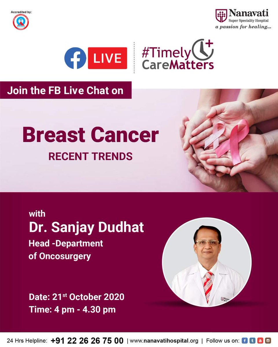 Nanavati_H's tweet photo. Join us for a #FacebookLiveChat on Breast Cancer - Recent Trends with Dr. Sanjay Dudhat, Head- Department of Oncosurgery, Nanavati Hospital, Mumbai on 21st October 2020 at 4 PM.
#TimelyCareMatters #HereForYou #Healthcare #Oncology #Mumbai https://t.co/iomOwEnaIa