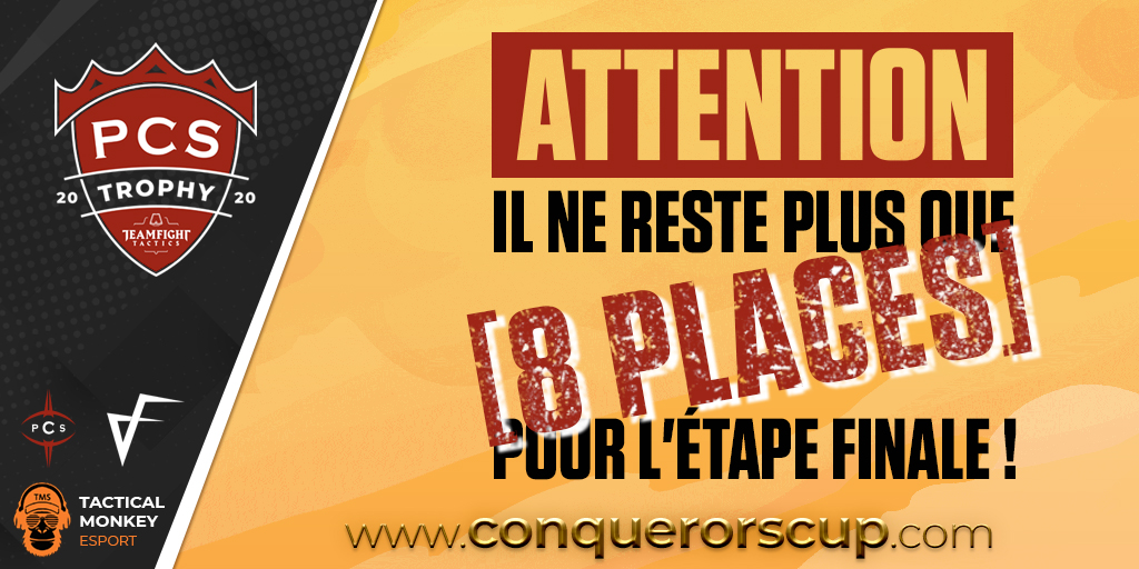 Plus que 8 places pour accéder à la #ChampionsCup du #PCSTROPHY #TFT ! 

Qui seront les 8 derniers qualifiés ❓

Rejoignez les nombreux inscrits pour samedi :
👉conquerorscup.com

<a href="/monkey_esport/">Tactical Monkey eSport</a> <a href="/ValkyrFactory/">Valkyr Factory</a>
#tournoi #esport #gaming #TeamFightTactics
