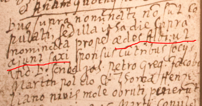 Hat jemand ein Adlerauge für Latein? Hier ein tragischer Eintrag aus dem Ehebuch Bergün von 1673. Ein Brautpaar starb am Tag der Hochzeit in einer Lawine - ich vermute, die markierten Wörter bezeichnen das Gasthaus am Crap Alv, aber ich kanns nicht entziffern. Danke für Hilfe!
