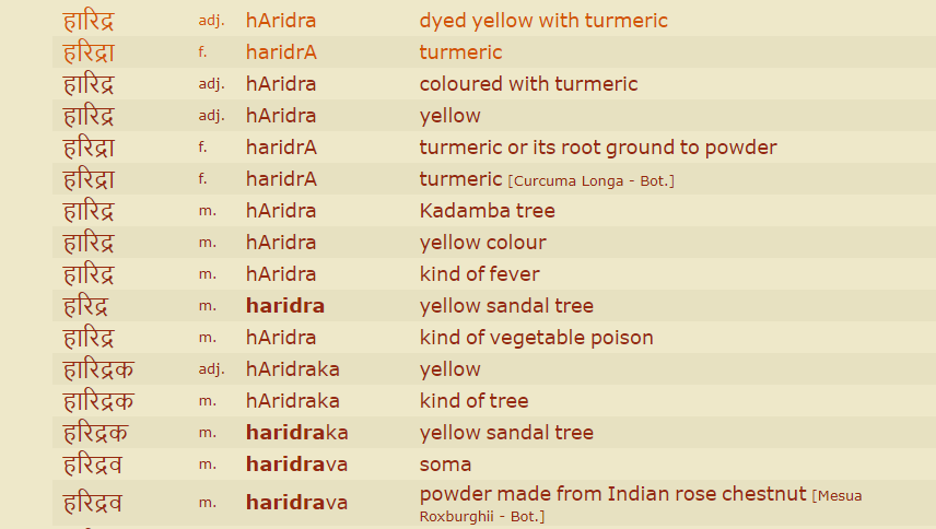 In fact, the word 'Zard Birinj' is a straight translation of 'Haridranna' Sanskrit हारिद्र (haridra) means 'Yellow'. In Persian, Zard (زرد) means 'Yellow'. 'Anna' generally means rice in Sanskrit and 'Birinj' is rice in Persian By straight translation, Zard Birinj= Haridranna