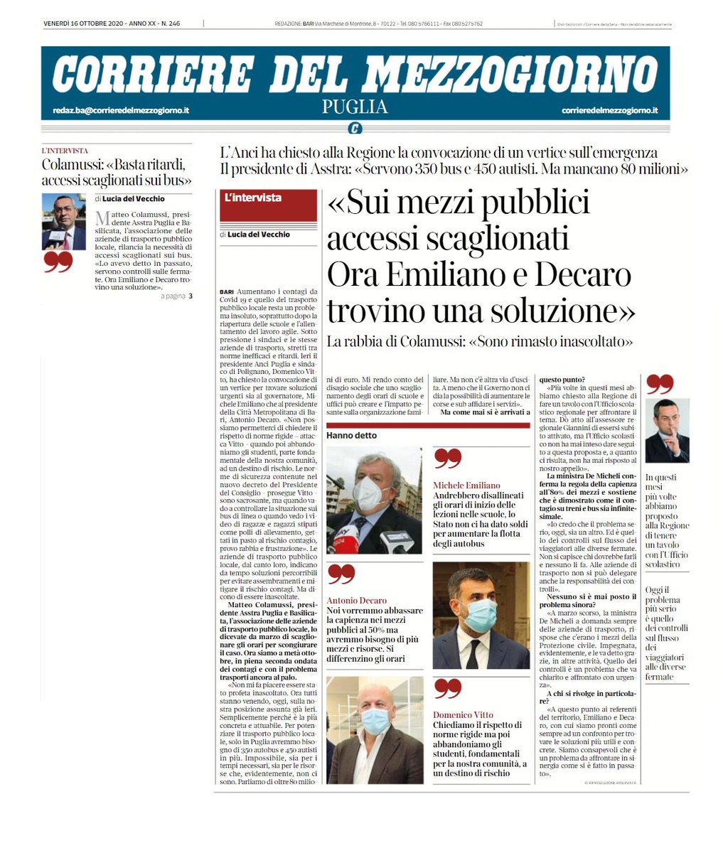 M_Colamussi's tweet photo. Invitiamo al dialogo il presidente Michele Emiliano e il presidente, Antonio Decaro per trovare IN SINERGIA, come si è fatto in passato, le soluzioni percorribili per evitare assembramenti e mitigare il rischio contagi nel #trasportopubblico locale.
#COVID__19 #scuola2020 https://t.co/lpqRITKIGS