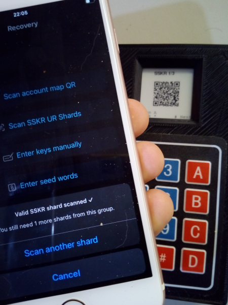 gorazdko's tweet photo. @GordianWallet @BlockchainComns Shamir Secret Key Recovery (SSKR): 3 shards split using #LetheKit & restored by @GordianWallet into a standard BIP39 mnemonic. In contrast to SLIP39 shards, SSKR shards can be converted in or from a BIP39 mnemonic words. Restoring either leads to the same HD wallet. https://t.co/axYrSLZ16s