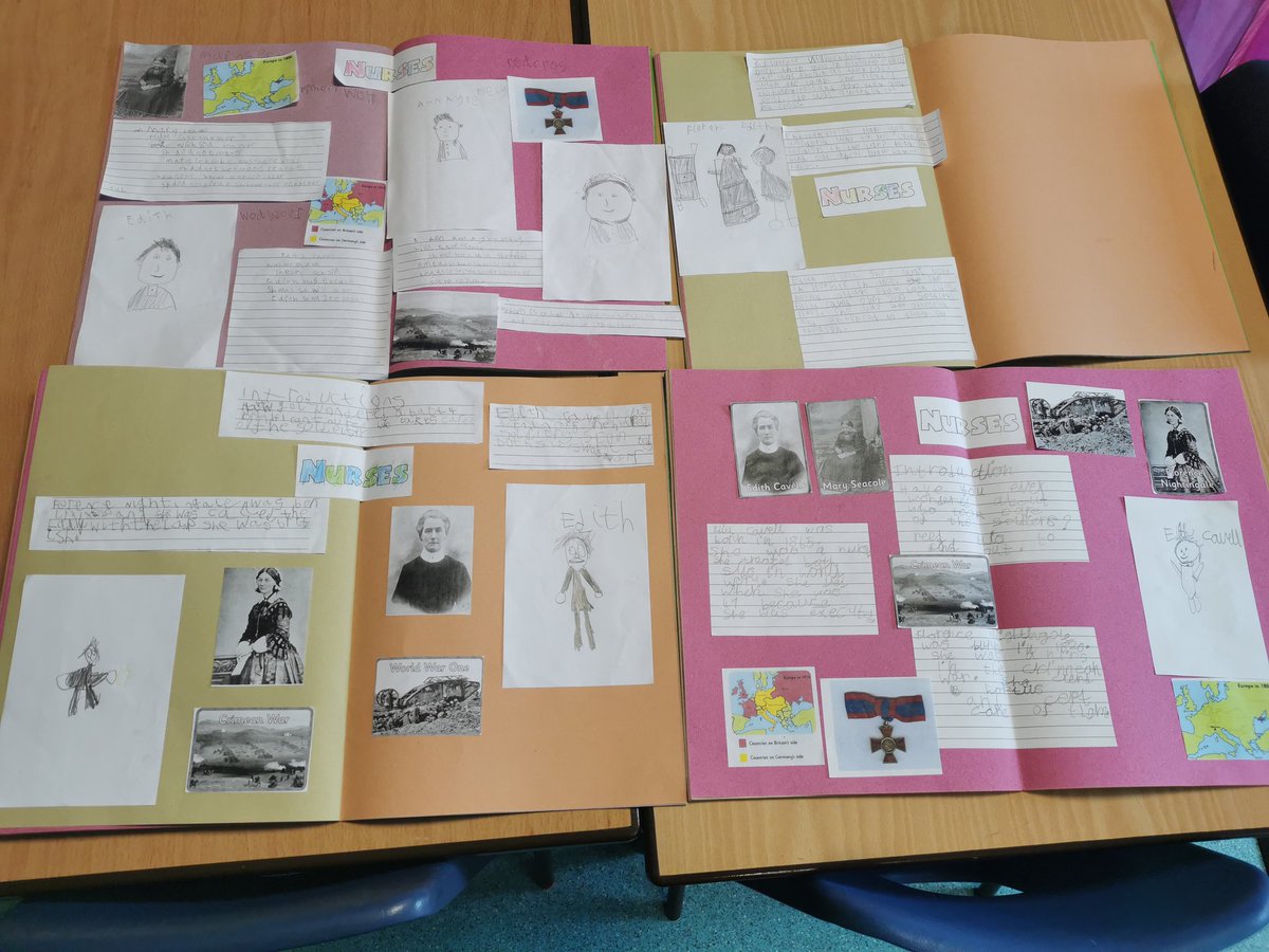 CalderEllisPri's tweet photo. So proud of our fantastic double page spreads on Significant Nurses. Children have pulled together all their knowledge from our history learning, portrait drawing skills from art and understanding of non-fiction features from English. An amazing end to the term! https://t.co/hvz9DovFlD