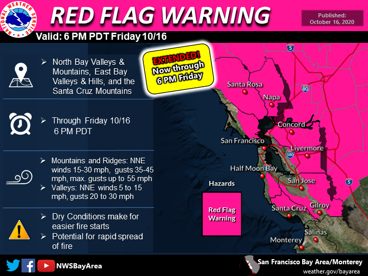 NWSBayArea's tweet photo. ⚠️Red Flag Warnings 🚩have been extended through 6 PM Friday. Winds will remain gusty through this morning then ease through out the day. Despite weakening winds, relative humidity will remain low and temperatures will be well above normal. #cawx #cafire #OneLessSpark https://t.co/XhB8Vjnrua