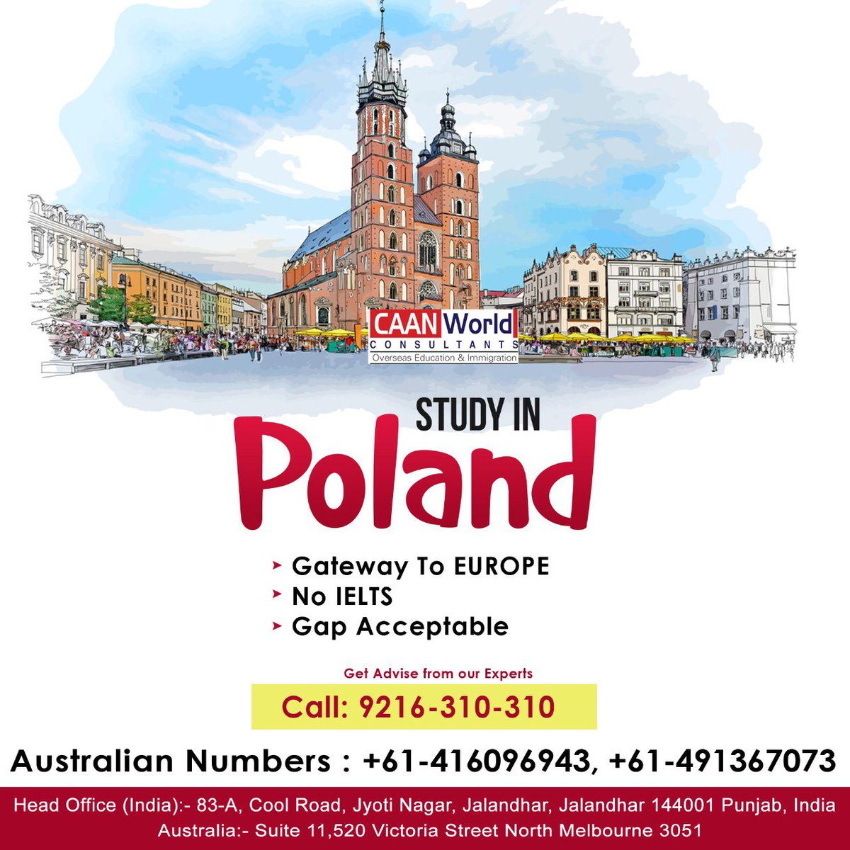 CAANWorld's tweet image. Study in Poland with &amp;amp; without IELTS. We have good Universities &amp;amp; best courses to apply. Every economical fee structure. Very easy options to travel to while Europe. Working rights available during study.  Ask more details +91-9216 310 310 

#StudyVisa #CAANWorld #GapAcceptable