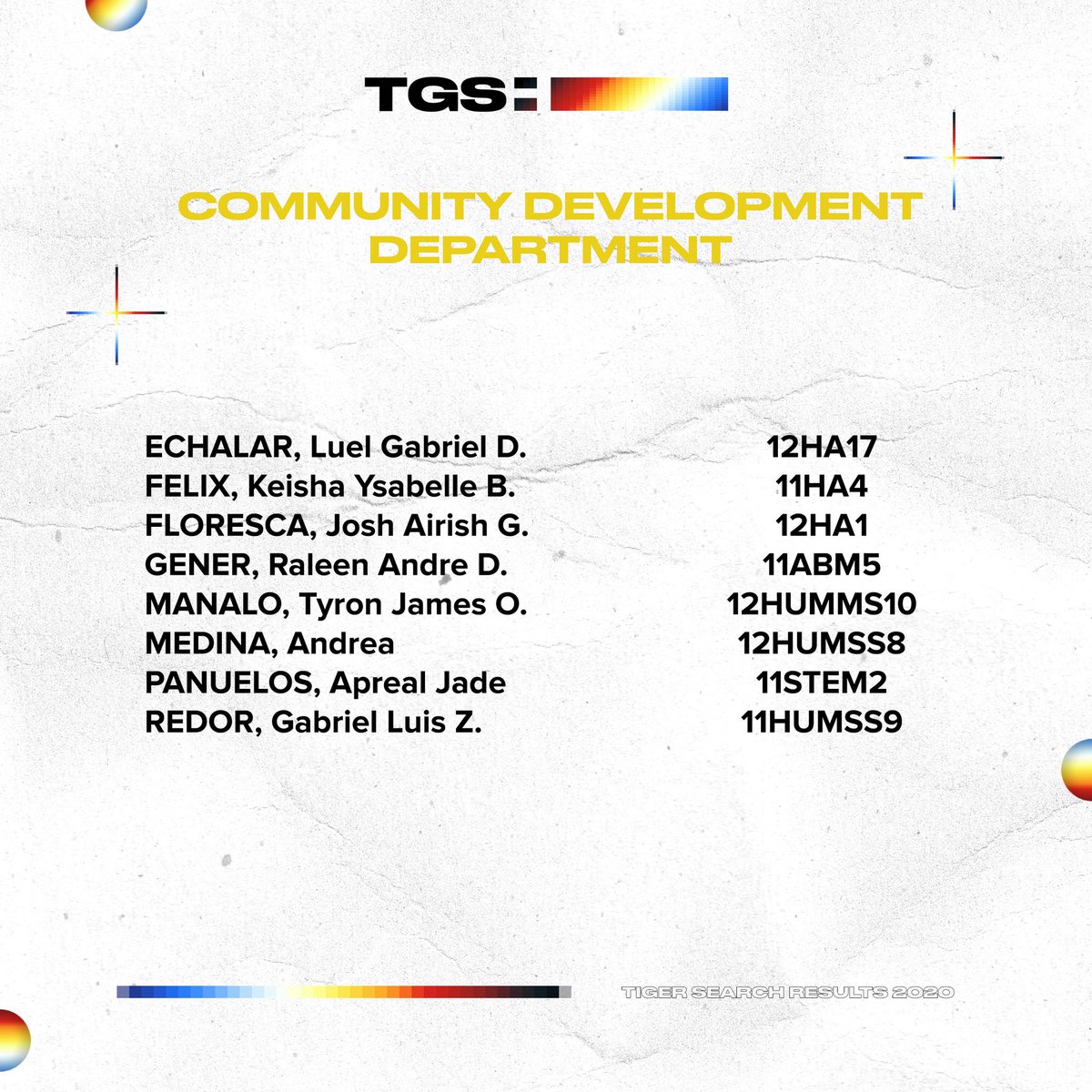 ustigershoot's tweet photo. We present the accepted applicants from the Community Development Department! ๐
#TGS911 https://t.co/3hZN6aCjdD