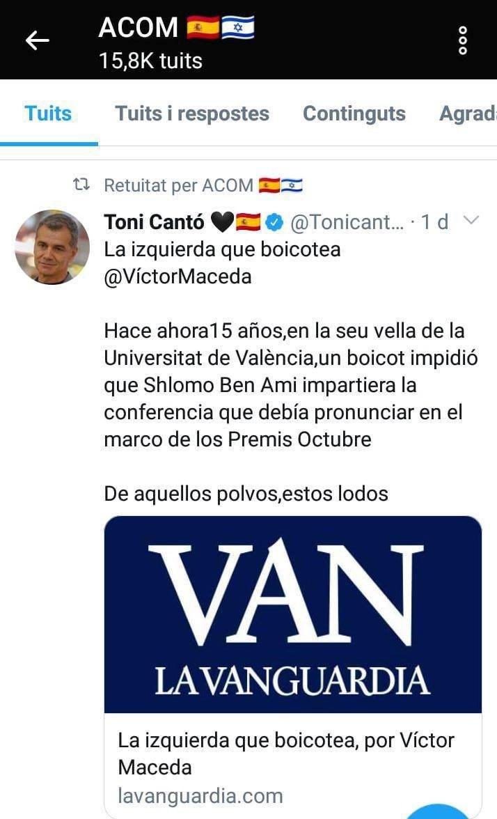 casalpopularstf's tweet photo. En el marc d'aquesta notícia https://t.co/A96sCPn2zY

i de l'aliança global extrema dreta-Israel

@VictorMaceda escriu en @ElTemps_cat mentires i greus acusacions contra el BDS

Aquestes captures mostren les connexions V0X-ACOM (grup sionista d'extrema dreta)-Toni Cantó-Maceda: https://t.co/MhAcuPw9PA