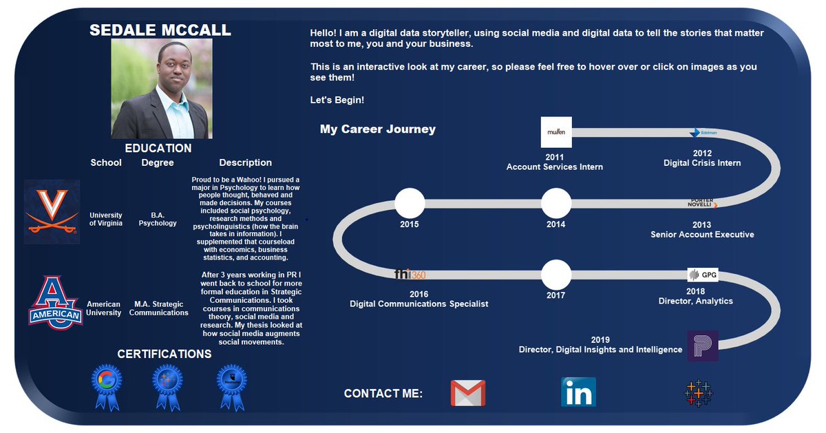 SedaleM's tweet image. Took a while but finally got to creating an interactive resume. Thanks so much to @vizzingbrocks for the original inspiration and @FlerlageKev for the curved path tutorial. Also did a little background work. #datafam 

public.tableau.com/profile/sedale…

#datafamfeedback always appreciated!