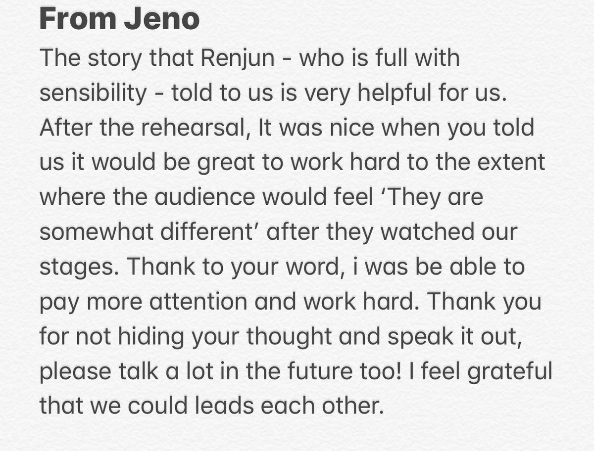 jeno saying he's thankful they could lead each other and renjun thankinh him for being their role model these two really rely each other a lot  and not to mention this isn't the first time rj thanked jn for leading them trans. n0rendreamsss