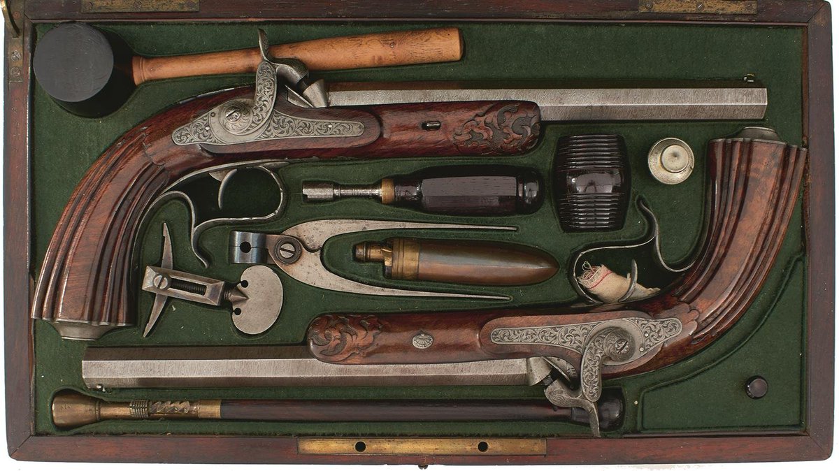 AntonyCribbLtd's tweet photo. A cased pair of Continental duelling or target pistols - now on the preview page for our November 10th Arms &amp; Armour auction https://t.co/oK91seNLFX #armsandarmour #armsandarmor #antique #pistols #target #duelling #percussion #militaryhistory #duellists #auction https://t.co/Zib9CEEd65