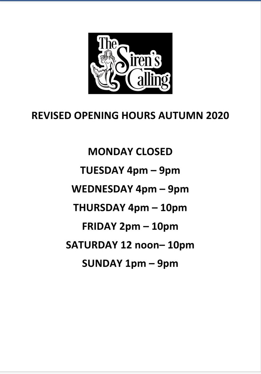 sirenscallpub's tweet photo. Hi guys just a quick note to say we are making a small change to our opening times on Fridays and Saturdays from this weekend and for the unforeseeable future.

Fridays now open from 1400 hours.
Saturdays now open from 12 noon 🍻🍹🥂 https://t.co/YSUDVJU4xB
