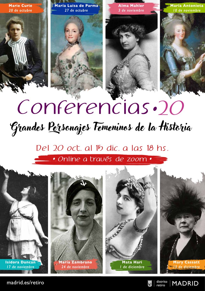 La <a href="/JMDretiro/">Distrito de Retiro</a> ha organizado un ciclo de conferencias 'online' sobre grandes personajes femeninos de la Historia impartidas por las expertas Eva Mera y Belén Gª Naharro. 

🗓️Todos los martes desde el 20/oct al 15/dic, a las 18h.
🖥️Inscripciones: cutt.ly/6ggjTkC