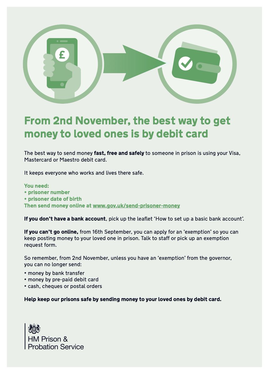 HelpWithVisits's tweet image. Money to Prisoners is changing on November 2nd. Please share with anyone who may be affected.