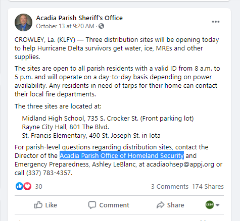 CEDRdigital's tweet photo. Three distribution sites will opened yesterday in #AcadiaLA Parish to help #HurricaneDelta survivors get water, ice, MREs and other supplies. See below for the list of locations.
https://t.co/Bi2HTifXEv https://t.co/QNrq3X705l