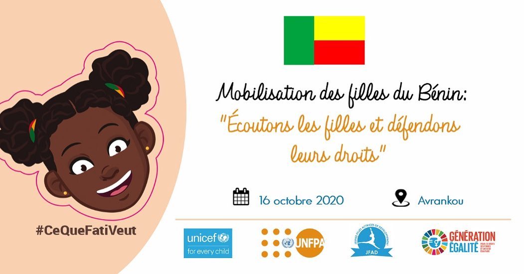 Jfad_Ong's tweet photo. " Écoutons les filles et défendons leurs droits ".  Mobilisation des #Fati à Avrankou pour les entendre et discuter de comment réaliser leurs aspirations. #JournéeDeLaFille ##CeQueFatiVeut https://t.co/W6INqIRtRj