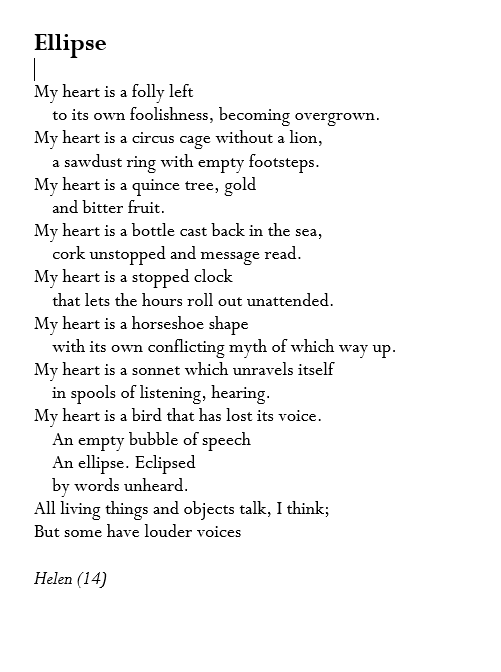 KateClanchy1's tweet photo. Self -care poem: ask yourself about your heart. What animal is it? What building? What weather?  Helen was 14. https://t.co/qiVAjIJreg