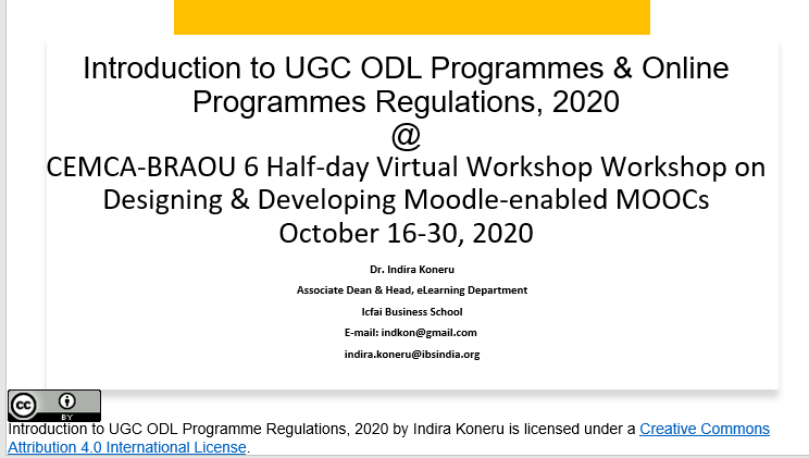 indirakoneru's tweet photo. On Day 1, I introduced @ugc_india's  #ODL Programmes &amp; #OnlineProgrammes Regulations, 2020;  Moodle-enabled MOOCs &amp; #OER-enabled Teching-Learning-Assessment to the @CEMCA_COL &amp; @braou_social "Designing &amp; Developing #Moodle-enabled #MOOCs" workshop participants. #DistanceLearning https://t.co/SD0u8ygcQ1