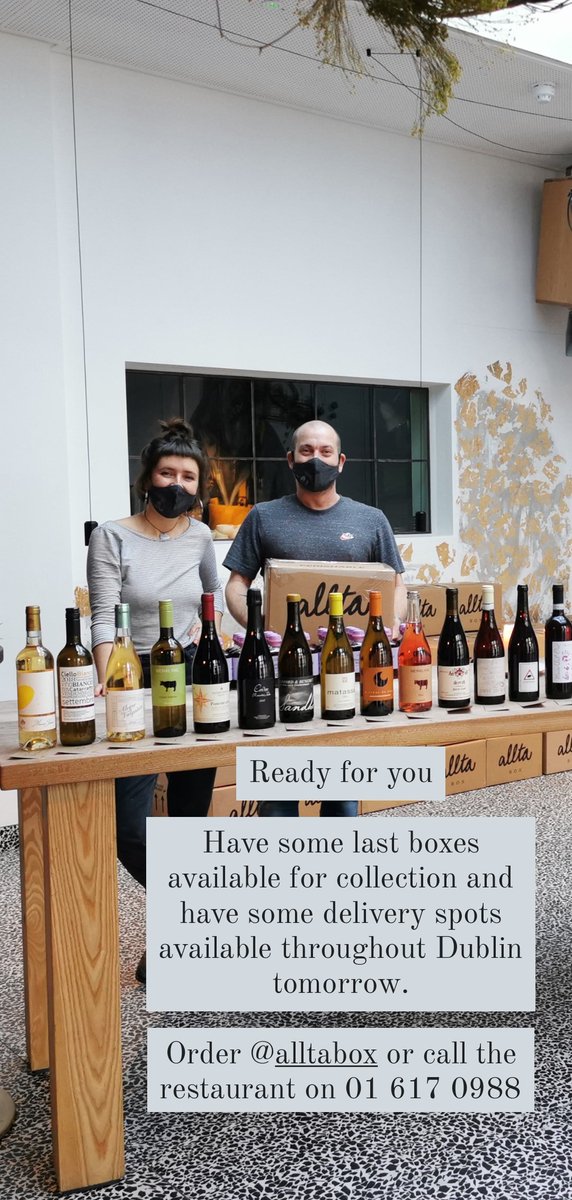 alltawinebar's tweet photo. Ready for you...
Have some last boxes available for collection and have some delivery spots available throughout Dublin tomorrow.
Order @alltabox or call the restaurant on 01 617 0988
#alltaBOX https://t.co/9ELbJsoZKd