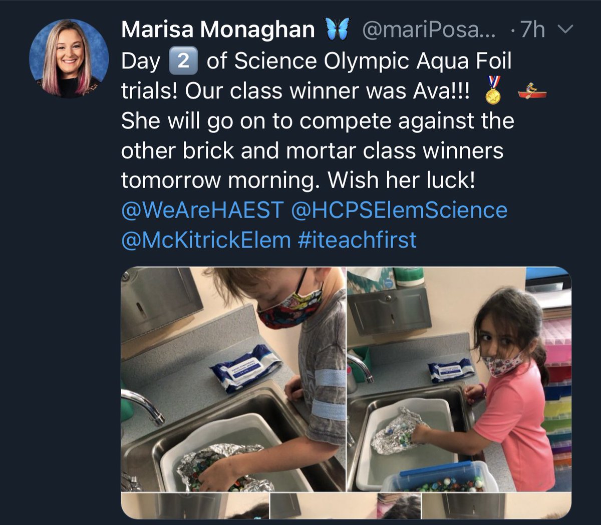 WeAreHAEST's tweet photo. 🥳CONGRATULATIONS🥳 to our  First Grade Twitter Challenge Science Olympic WINNERS: @mariPosa123 &amp; @MissHGrimes! #AquaFoils 

@tirado_shana will be in contact soon! @HCPSElemScience #WeAreHAEST @HcpsYates @McKitrickElem https://t.co/2LDgBtur8q
