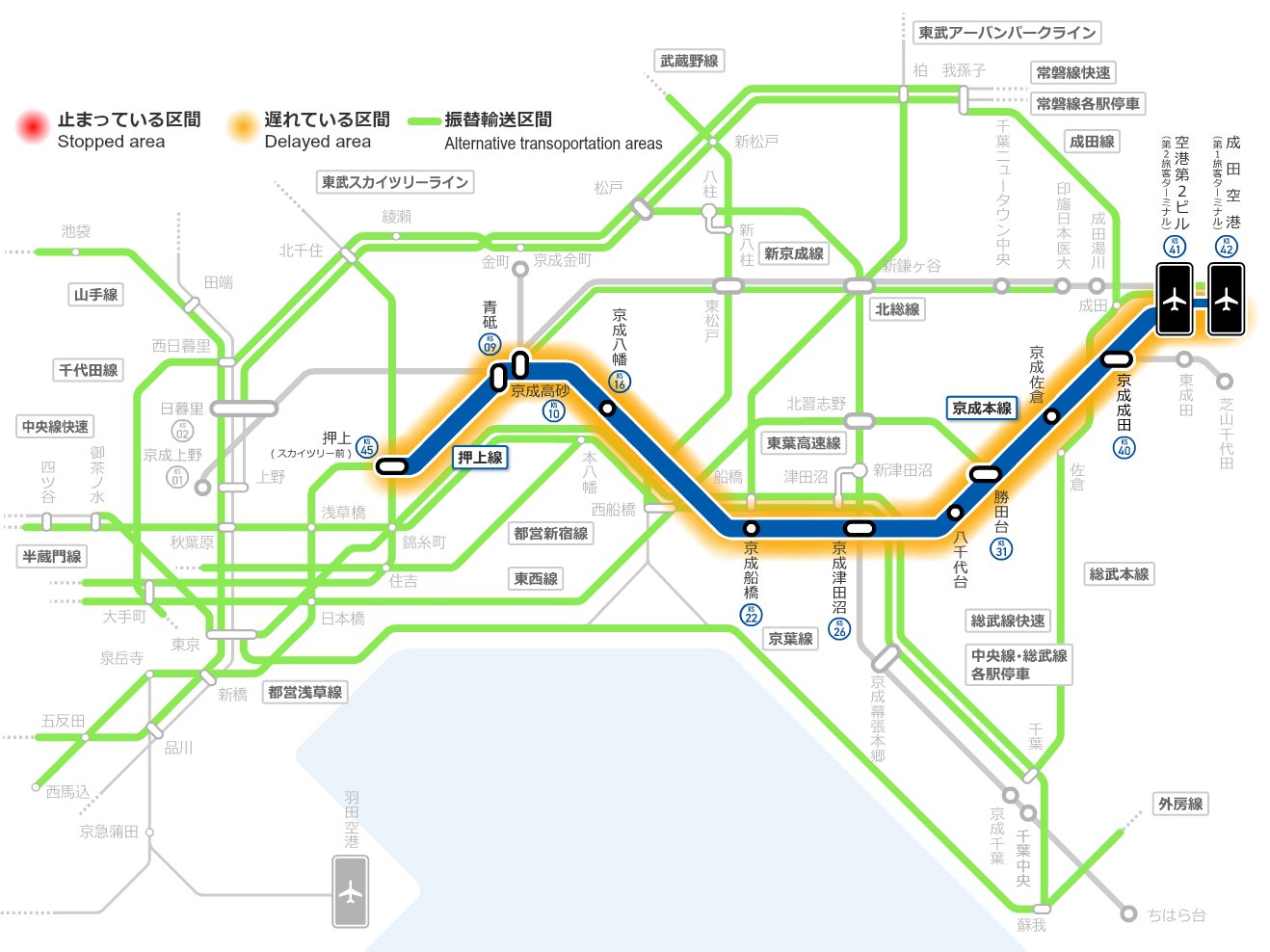 京成電鉄運行情報 公式 京成本線 遅れ 都営浅草線内での線路点検の影響により 青砥 成田空港駅間で遅れがでております 各社線で振替輸送を実施しております 押上線 遅れと運休 都営浅草線内 10 16 53更新 Keisei T Co