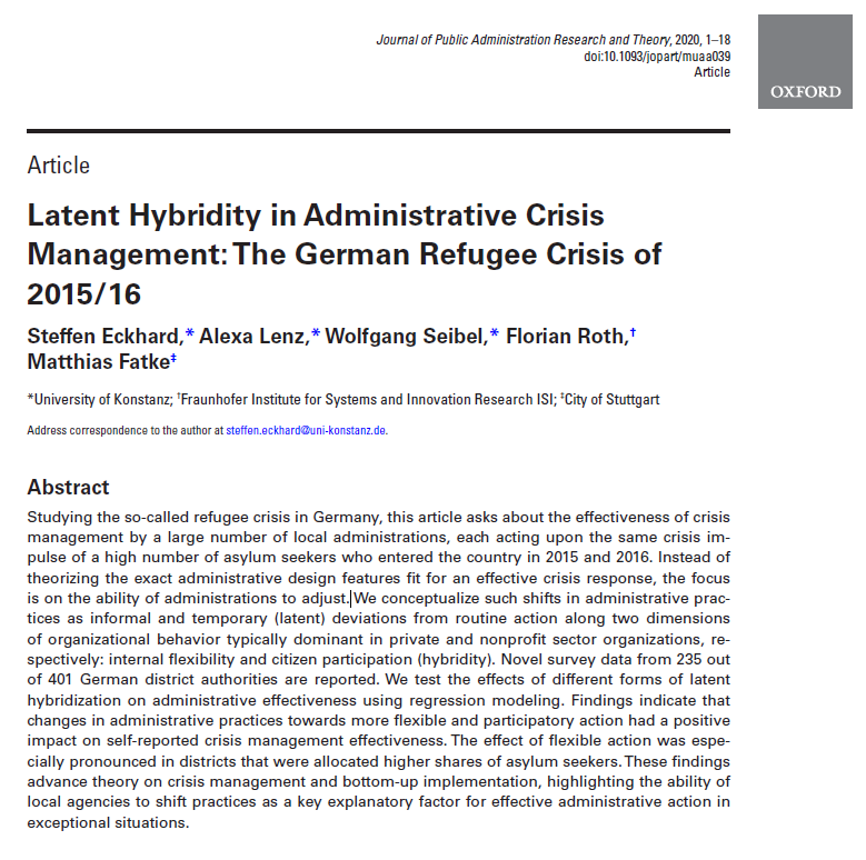 Proud to see my first co-authored article with @s_eckhard <a href="/Florian_A_Roth/">Florian Roth</a> W.Seibel &amp; M.Fatke published in <a href="/JPART1991/">Janet</a>. We present findings from @HyborgProjekt showing how latent hybridity drives effective administrative #crisismanagement in Germany. Via doi.org/10.1093/jopart…