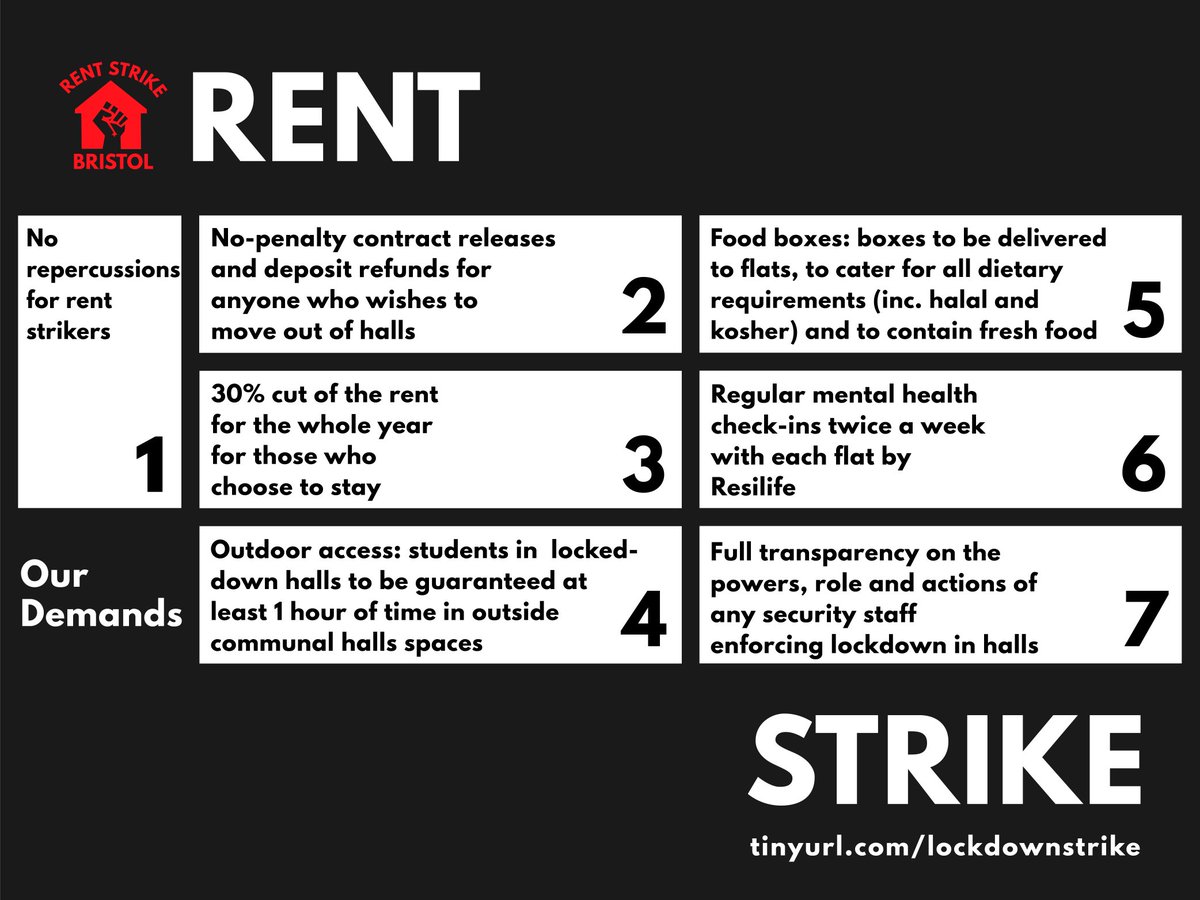 <a href="/BristolUni/">University of Bristol</a> have put the lives of students and staff at risk by bringing students to halls, so we're calling a rent strike.
These are our demands ✊