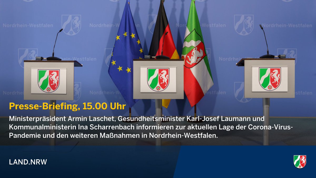 Heute live ab 15.00 Uhr: Presse-Briefing mit Ministerpräsident @ArminLaschet, Gesundheitsminister Karl-Josef Laumann und Kommunalministerin Ina Scharrenbach zur aktuellen #Corona-Lage und weiteren Maßnahmen des Landes Nordrhein-Westfalen. https://t.co/atYt4pTxtx