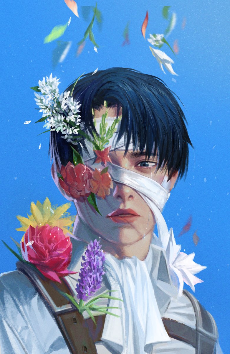 levi (shingeki no kyojin) 1boy male focus flower solo black hair curtained hair ascot  illustration images