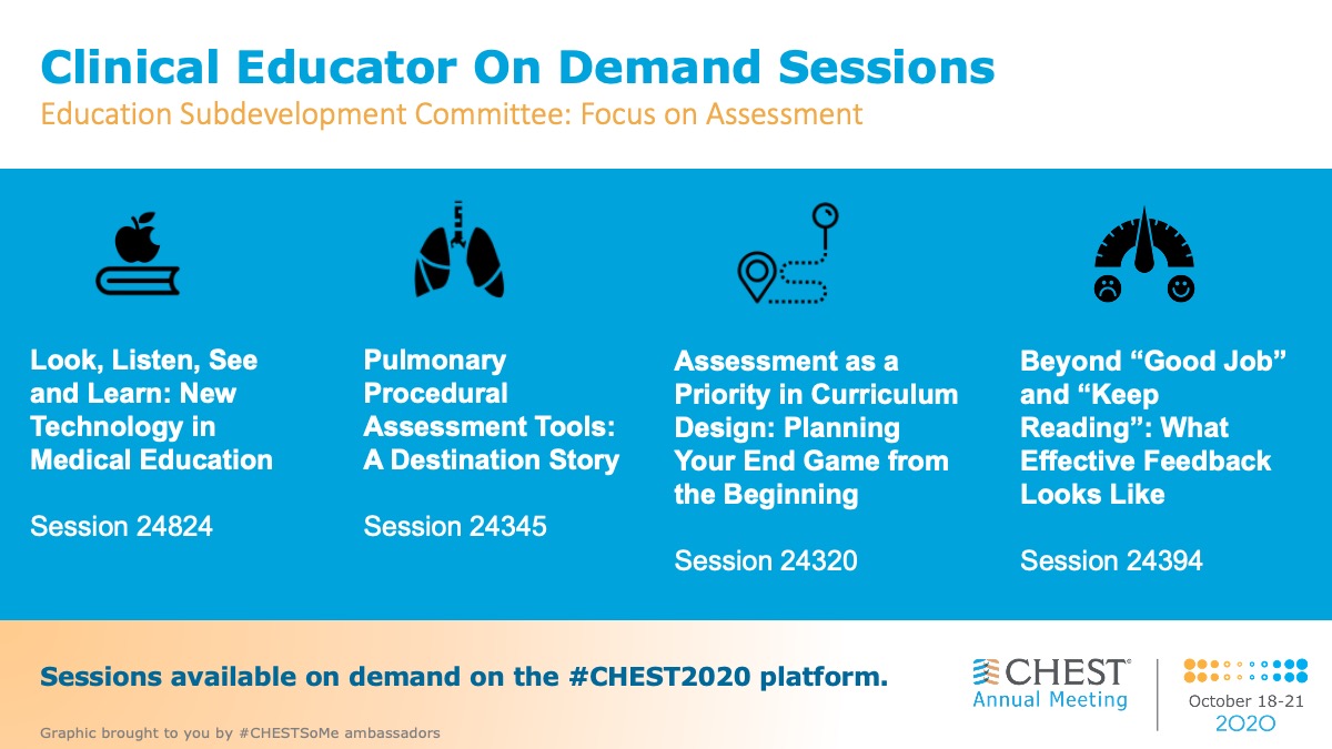 sfaiz212's tweet photo. Interested in #PCCM #SleepMed #MedEd? Check out the #CHEST2020 on-demand sessions focused on #Assessment @accpchest @HansLeeMD1 @gretchemaben @LavercombeMark @ahalraiyes @puaeiko @ChristineArgen5 @d3_gardner @KantaVelamuri @Bhavinddalal @redraiderpulmcc https://t.co/fC9GyKNHqf