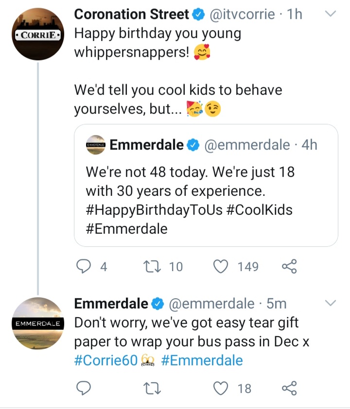 NeilR24's tweet image. Haha loving the banter between Corrie and Emmerdale! @itvcorrie @emmerdale #HappyBirthdayEmmerdale #60yearsofCorrie
