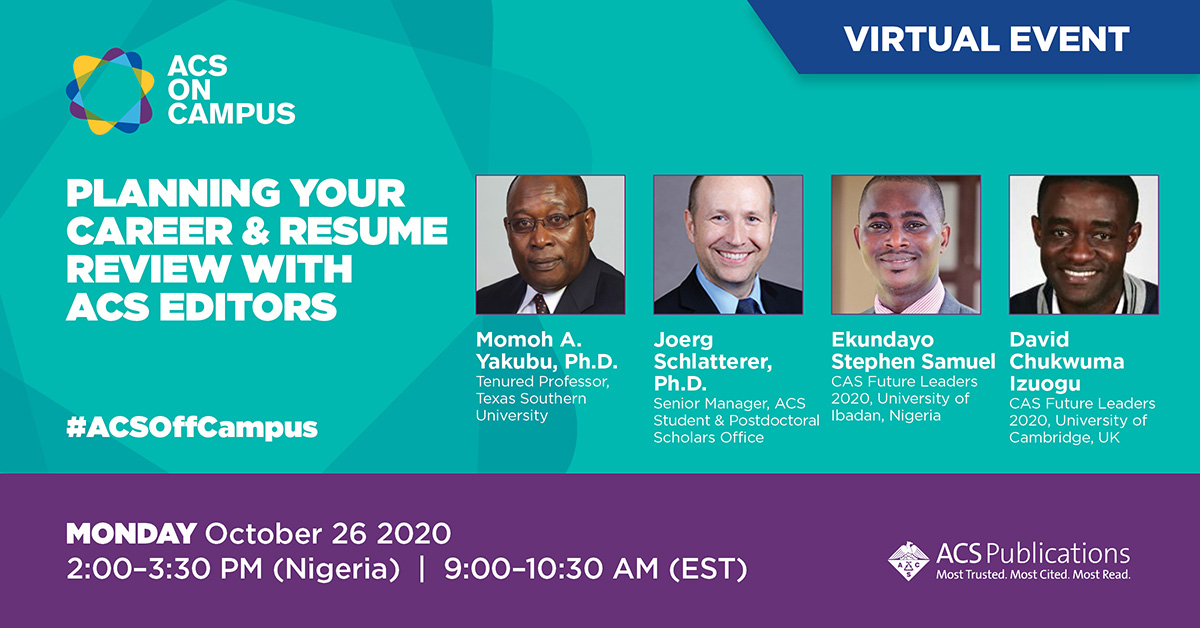 AmerChemSociety's tweet photo. ACS on Campus is going “Off-Campus” with Nigeria! Join experts for a 1.5 hour virtual event on Resumes, ChemIDP review, and connect with local ACS Student Chapters. We’ll be live October 26, 14:00-15:30 WAT | 9:00-10:30 EDT. Learn more at https://t.co/nNgtiGfyuS @ACSonC https://t.co/MMbMYv953J