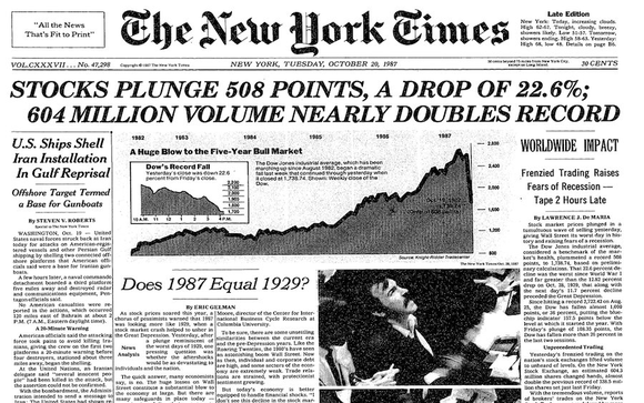 On Monday, October 19, 1987, the US stock market fell by 22.60%. It was 508 points, the largest one day decline in history of the Dow Jones Industrials AverageImmediately, everyone started drawing paralels with the 1929 crash...