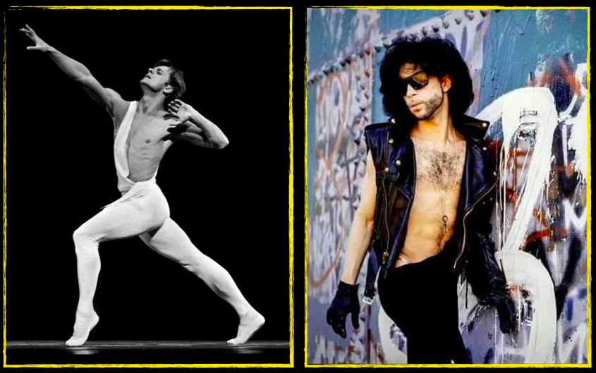 Back to the jumpsuits - P’s take on the garment morphed into a more extreme cut during the Graffiti Bridge era with striking similarities to ballet unitards worn here by ballet dancer Mikhail Baryshnikov. Makes sense with P practising ballet.