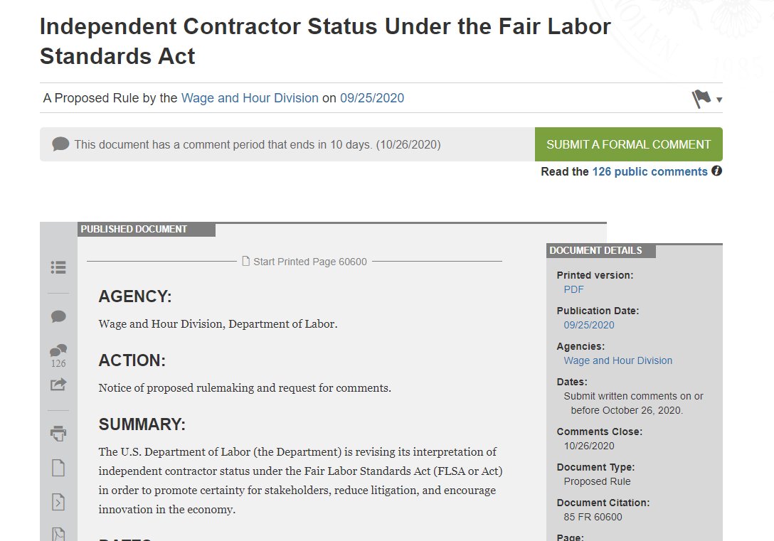 Let& #39;s review a few of the rules changes being pushed through. It that touches almost every person in the United States. First off, a fundamentally new way to define "independent contractor," which now covers abt 19 million people in the US.