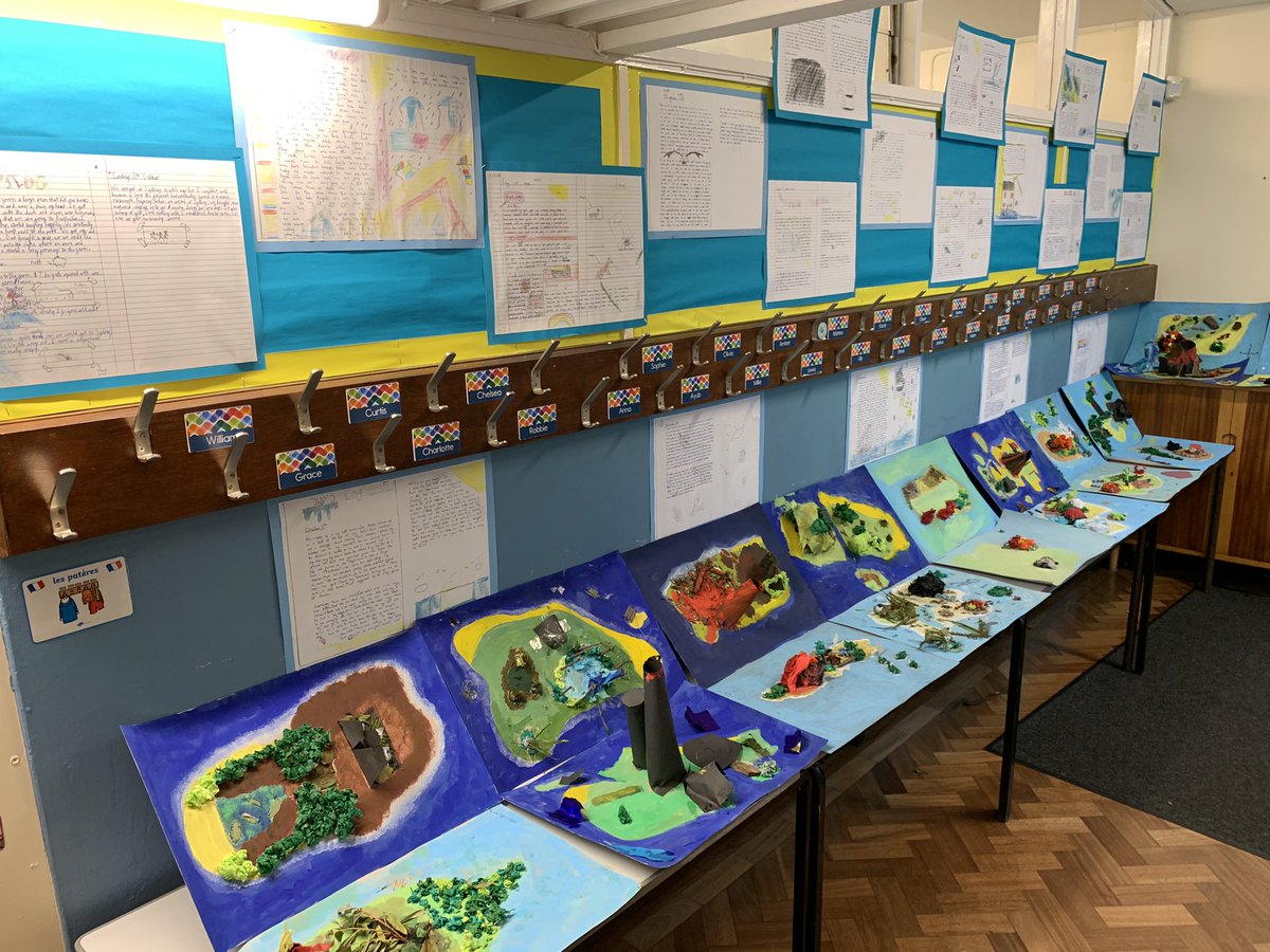 EagleyY6's tweet photo. Our Ship’s Log writing and Kensuke’s Kingdom island models stood proudly in our corridor! What do you think @MichaelMorpugo https://t.co/R3CuZBAHbJ