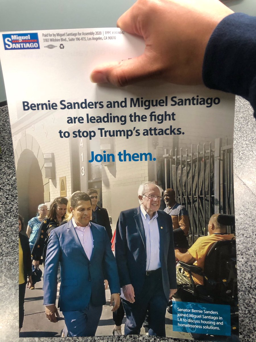 Voters recently received this mailer from my opponent. In it, he milks a photo op he had with  @BernieSanders, and in doing so, implies he might be as progressive as the senator.Here are 6 reasons why we know his claim is false. Add more to the thread if you’ve got more! 1/9