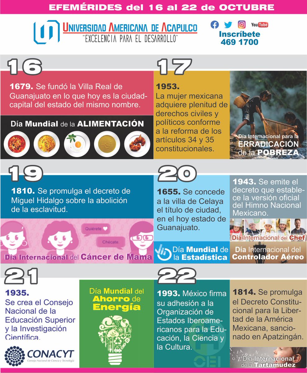 UAmericanaAca's tweet photo. Del 16 al 22 de octubre, días de conmemoraciones de gran importancia y trascendencia social. En la Americana de Acapulco te las compartimos. https://t.co/o61sfPpXIQ