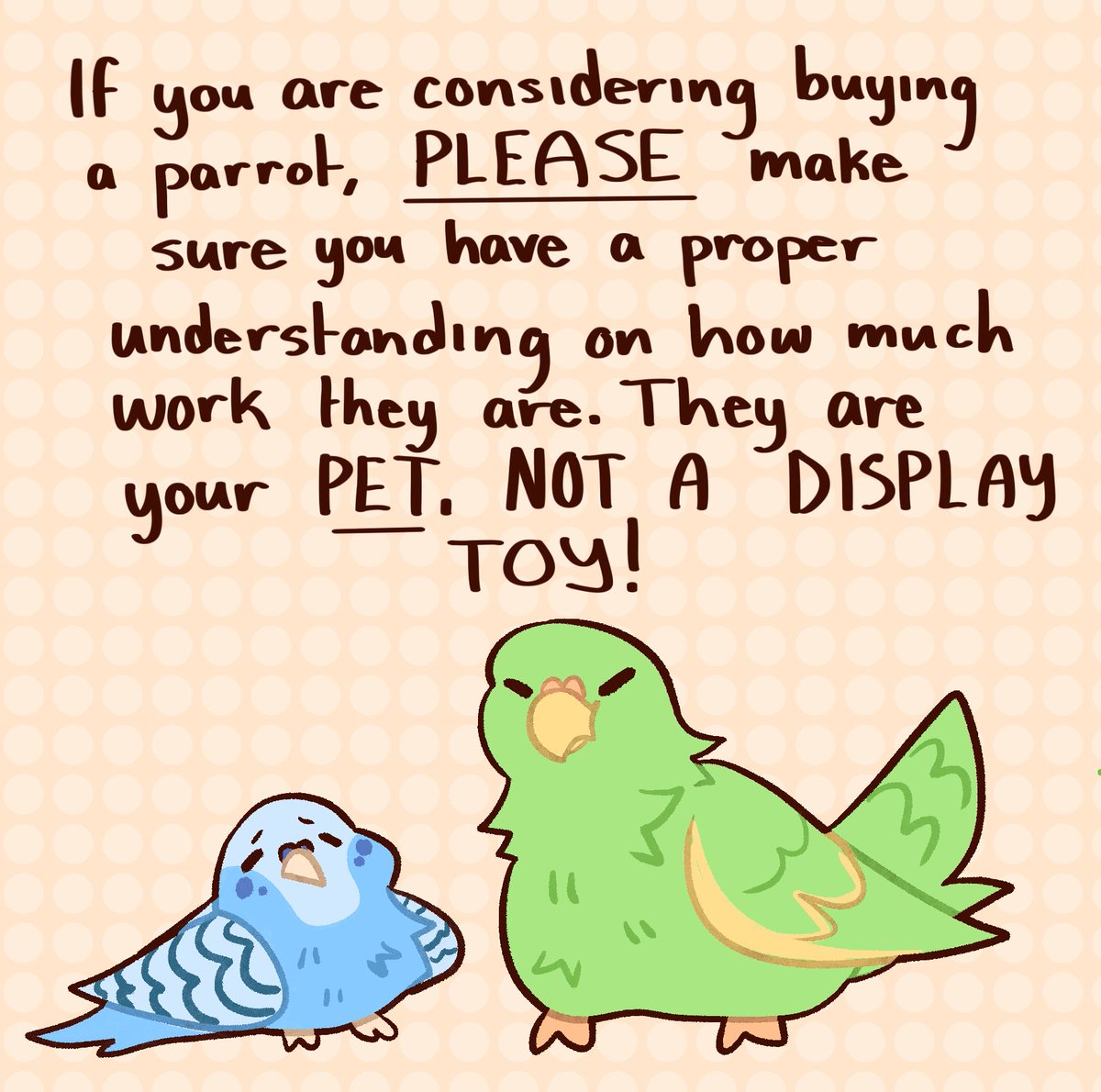 4/4! Inspired by @/kitsuonn_’s fish psa because small birds like parakeets and other gotta deal w so much too