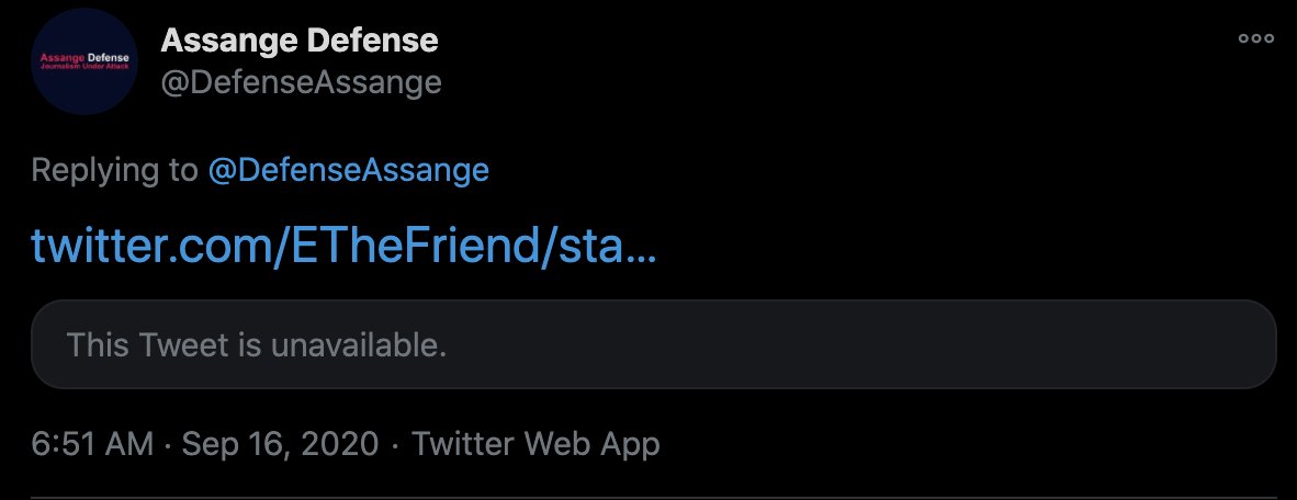 Remember the recent  #Assange extradition hearing? One of the Twitter accounts that reported it live was  @DefenseAssange (they actually had really good coverage). Here's the point: They retweeted ETheFriend twice during the hearing.