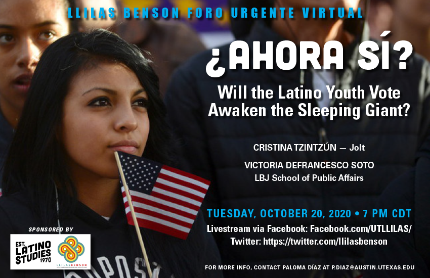 llilasbenson's tweet photo. Don't miss our Foro Urgente to discuss the impact of the #Latinovote on the upcoming #Elections

¿Ahora Sí?
Will the Latino Youth Vote Awaken the Sleeping Giant?
Oct. 20 | 7pm (CT)
Details:

Livestreaming link: https://t.co/kMjdlnikZY
@cristinafortx
@DrVMDS 
@Raul_L_Madrid https://t.co/72smefSUAn